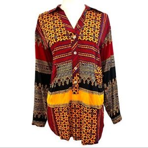 Plenty By Tracy Reese | Women's Red Multi Tribal Half Button Long Sleeve Blouse